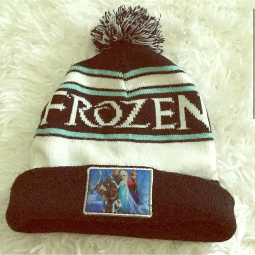 Disney Frozen Girl’s Black Blue Stripe Knit Pom Pom Beanie Winter Hat OS